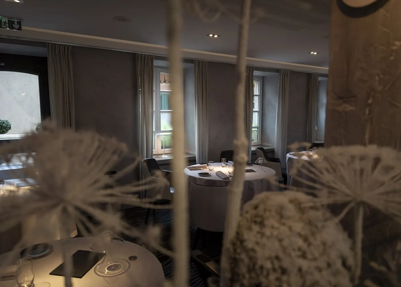Salle vue à travers un décor végétal blanc, tables dressées en arrière-plan.